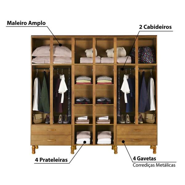Guarda Roupa 6 portas 4 gavetas em madeira - Entalhe - Imagem 2