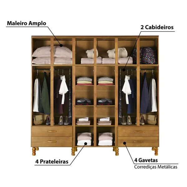 Guarda Roupa 6 portas 4 gavetas em madeira - Entalhe - Imagem 2